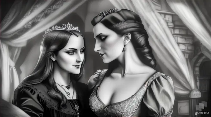 Dracula, classic film, Béla Lugosi-style vision of the vampire, Dracula shows his fangs while a trickle of blood falls from his mouth, after biting his neck Dracula has his mouth open and his face is crazy in frenzy. In a gloomy atmosphere, biting to Princess Anastasia while holding her in her hands the princess is passed out in a gothic vobeda. The view is full body both characters, in effect sketch style charcoal drawing general shot open medium distance