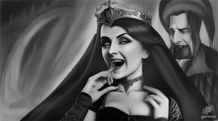 Dracula, classic film, Béla Lugosi-style vision of the vampire, Dracula shows his fangs while a trickle of blood falls from his mouth, after biting his neck Dracula has his mouth open and his face is crazy in frenzy. In a gloomy atmosphere, biting to Princess Anastasia while holding her in her hands the princess is passed out in a gothic vobeda. The view is full body both characters, in effect sketch style charcoal drawing general shot open medium distance