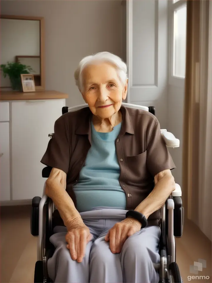 a old patient is at home in wheelchair, bright and heathy