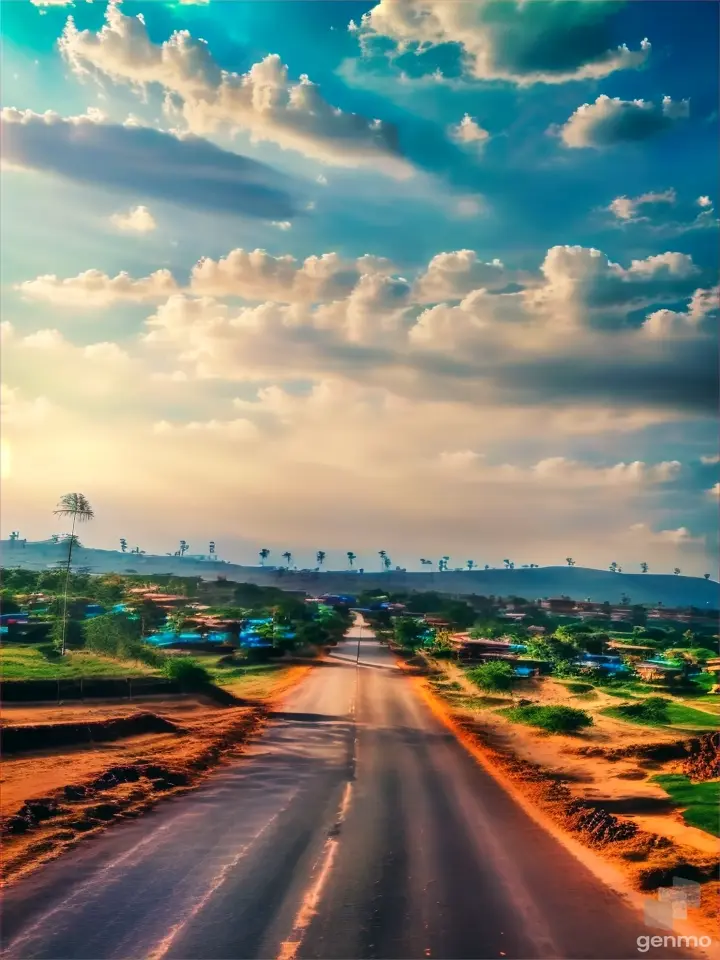 a long empty road with a blue sky in the background