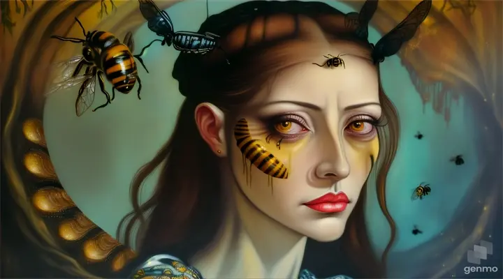 Surreal and macabre close-up portrait of a woman with one eye, lurking in the shadows as a bee hovers near her face, honey dripping from her lips. Detailed and highly realistic painting in the style of Salvador Dali or Hieronymus Bosch, with intricate details and vibrant colors. Studio lighting adds depth to the scene, creating an eerie yet captivating atmosphere.