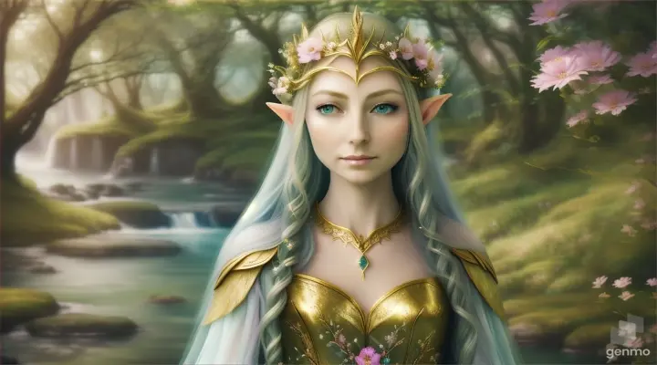 The image depicts a character with their face blurred,  Elf -queen Galadriel  surrounded by a serene and mystical environment. The character has long, flowing adorned with flowers and wears intricate golden jewelry. horizontal image