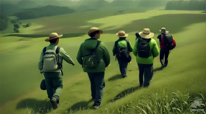 Agus (an Asian adventurous man, wearing a green jacket, hat, carrying a bag) and his friends walked across vast fields and vast forests. a with video of 16:9