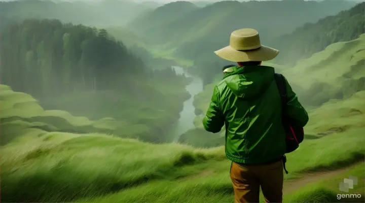 Agus (an Asian adventurous man, wearing a green jacket, hat, carrying a bag) and his friends walked across vast fields and vast forests. a with video of 16:9