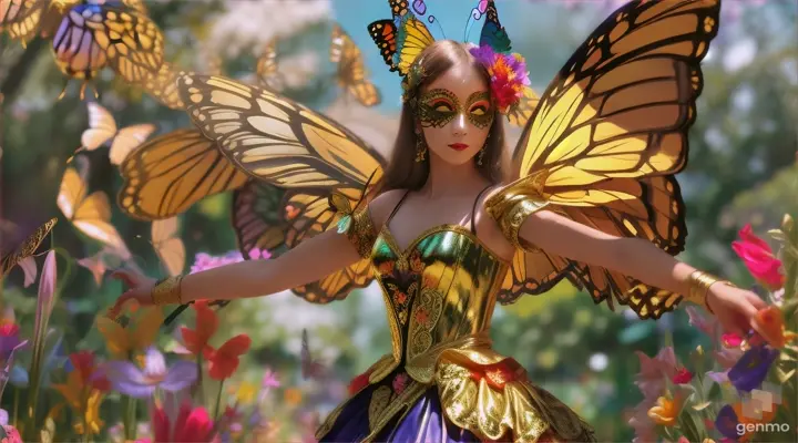 A masked dancer with butterfly wings and a gilded costume amidst a fantastical garden