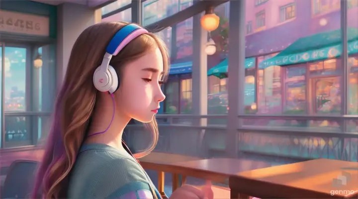 girl wearing headphones, at the corner of the coffee shop, listening to techno music, focusing on the Vibrant cityscape with a coffee shop corner size 1280x720, in Studio Ghibli style