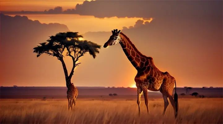 Giraffe in tall grass, silhouetted against a bright African sunset