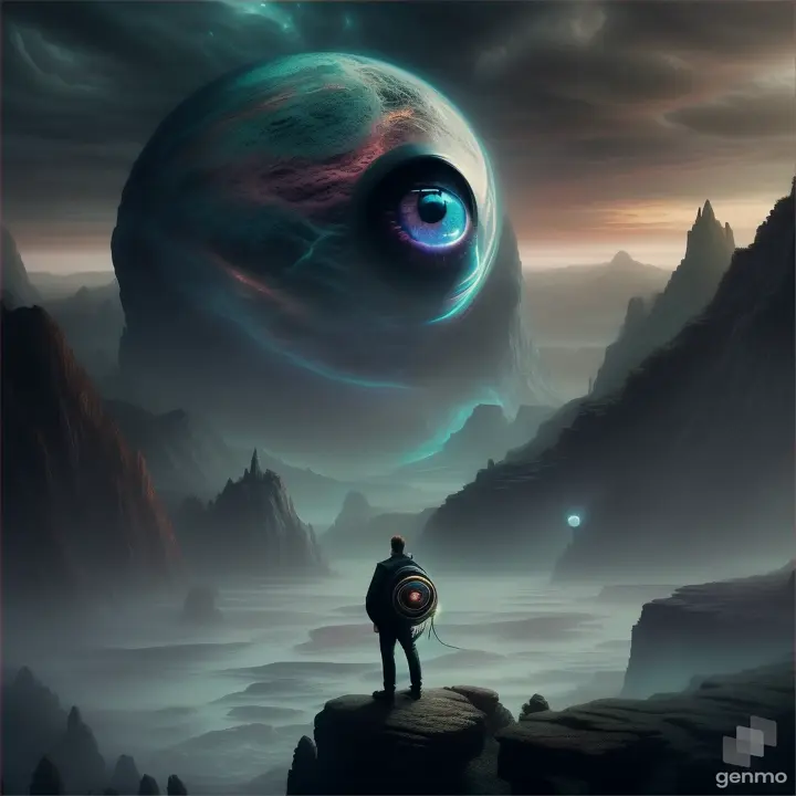 a man standing on a rock looking at a giant eye, subtle lovecraftian vibes, dan mumford tom bagshaw, lovecraftian inspiration, lovecraftian cosmic fear, lovecraftian atmosphere, cosmic horror concept art, lovecraftian landscape, inspired by lovecraft, epic mysterious surrealism, dan mumford and alex grey style, otherworldly visuals, lovecraftian