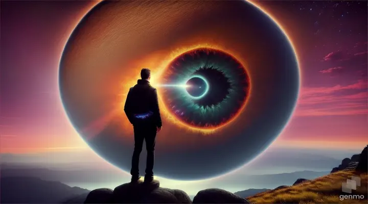 A man standing on a rock gazing at a giant, supernatural-looking eye in the sky