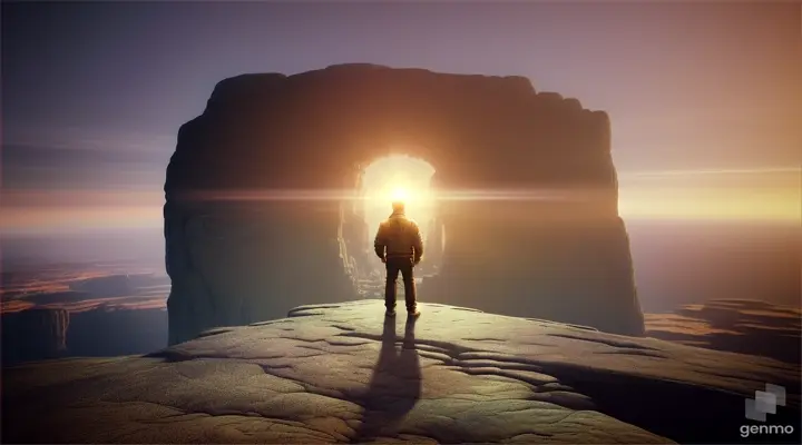 Man standing on a rock staring at a mysterious portal to another dimension in the sky