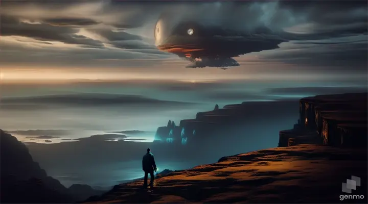 HYPERBOREA. a man standing on a rock looking at a giant eye, subtle lovecraftian vibes, dan mumford tom Bradshaw, lovecraftian inspiration, lovecraftian cosmic fear, lovecraftian atmosphere, cosmic horror concept art, lovecraftian landscape, inspired by lovecraft, epic mysterious surrealism, otherworldly visuals, lovecraftian