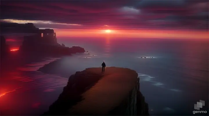 HYPERBOREA. a man standing on a rock looking at a giant eye, subtle lovecraftian vibes, dan mumford tom Bradshaw, lovecraftian inspiration, lovecraftian cosmic fear, lovecraftian atmosphere, cosmic horror concept art, lovecraftian landscape, inspired by lovecraft, epic mysterious surrealism, otherworldly visuals, lovecraftian