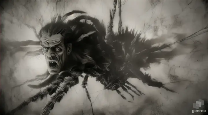 Frankenstein's monster as in the classic Boris Karloff movie fighting a giant tarantula. The tarantella has a common, unmodified appearance Frankenstein's monster is attacking and punching the giant tarantella while a woman is trapped in the spider web screaming in fear. In a charcoal sketch style effect on a long-lasting open plane in the middle distance. all elements and characters redefined