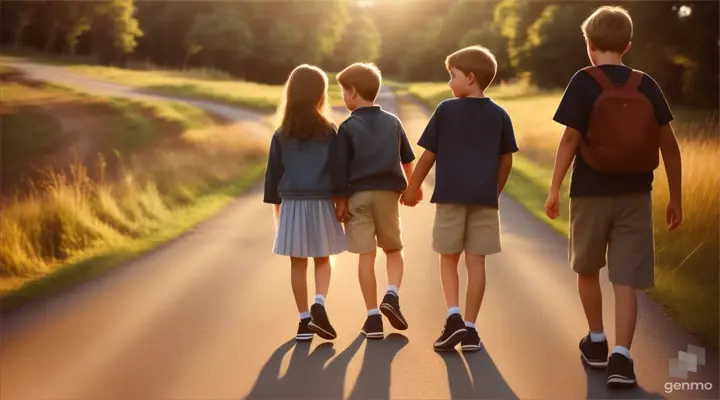 A girl and two boys walking on the road to each other