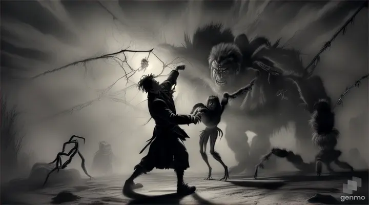 Frankenstein Creature VS tarantella.Frankenstein's monster as in the classic Boris Karloff movie fighting a giant tarantula. The tarantella has a common, unmodified appearance Frankenstein's monster is attacking and punching the giant tarantella while a woman is trapped in the spider web screaming in fear. In a charcoal sketch style effect on a long-lasting open plane in the middle distance. all elements and characters redefined