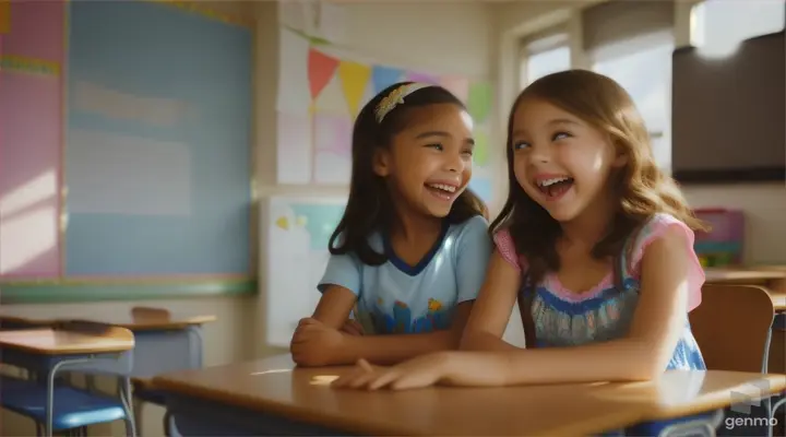 Laughing two beautiful girls in a school