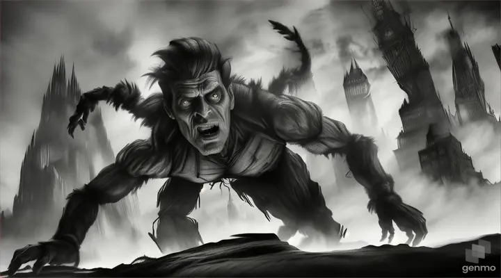 Frankenstein Creature VS tarantella.Frankenstein's monster as in the classic Boris Karloff movie fighting a giant tarantula. The tarantella has a common, unmodified appearance Frankenstein's monster is attacking and punching the giant tarantella while a woman is trapped in the spider web screaming in fear. In a charcoal sketch style effect on a long-lasting open plane in the middle distance. all elements and characters redefined