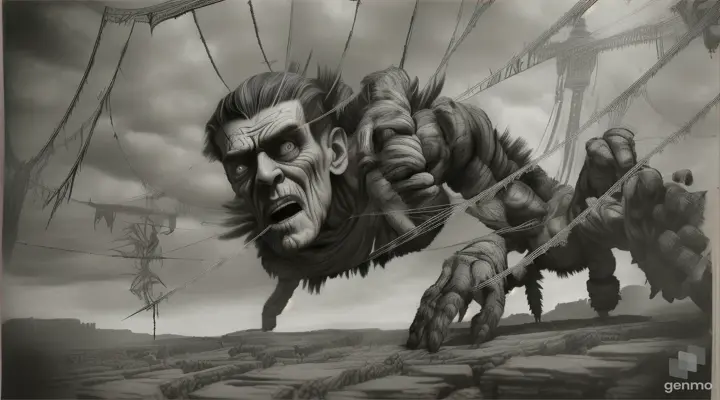Frankenstein Creature VS tarantella.Frankenstein's monster as in the classic Boris Karloff movie fighting a giant tarantula. The tarantella has a common, unmodified appearance Frankenstein's monster is attacking and punching the giant tarantella while a woman is trapped in the spider web screaming in fear. In a charcoal sketch style effect on a long-lasting open plane in the middle distance. all elements and characters redefined,The appearance of Frankenstein's monster is tough, tall, strong, with screws embedded in his temple and neck and his face full of scars from stitches, the spider looks at him with his hundred eyes.