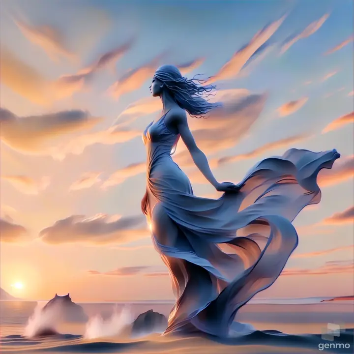 a woman in a flowing dress standing on a beach