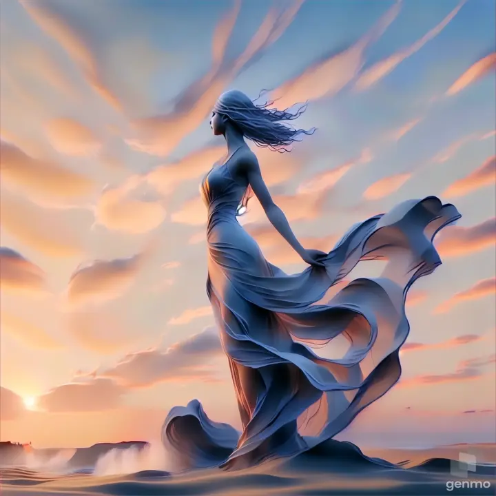 a woman in a flowing dress standing on a beach