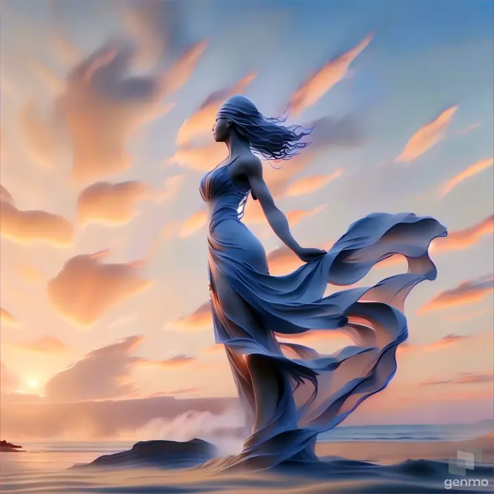a woman in a flowing dress standing on a beach