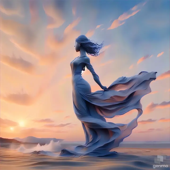 a woman in a flowing dress standing on a beach