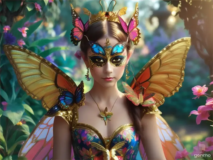 A masked dancer with butterfly wings and a gilded costume amidst a fantastical garden