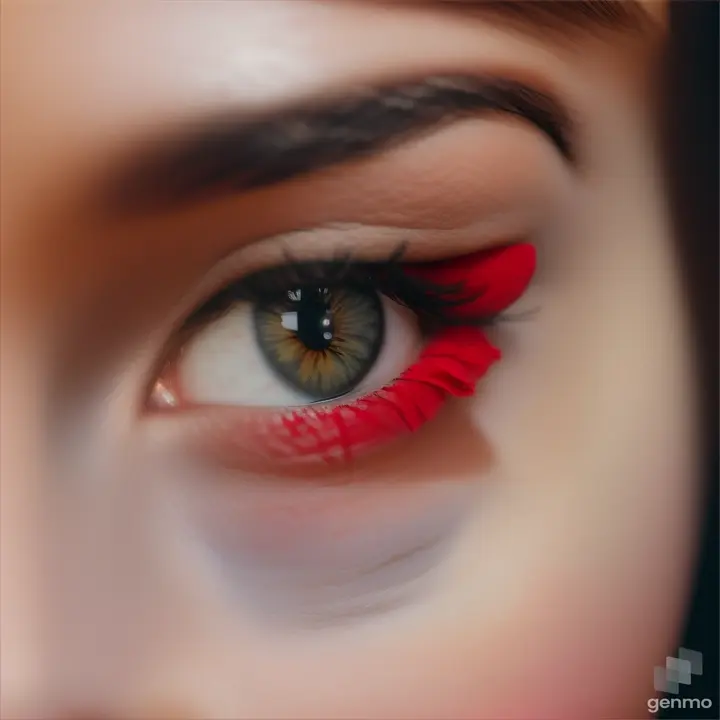 A close-up minimalist photo of a woman's eye, with a smokey eye makeup and a red poppy near the corner of her eye