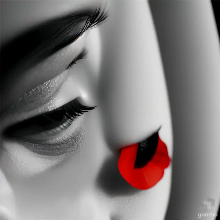 A close-up minimalist photo of a woman's eye, with a smokey eye makeup and a red poppy near the corner of her eye