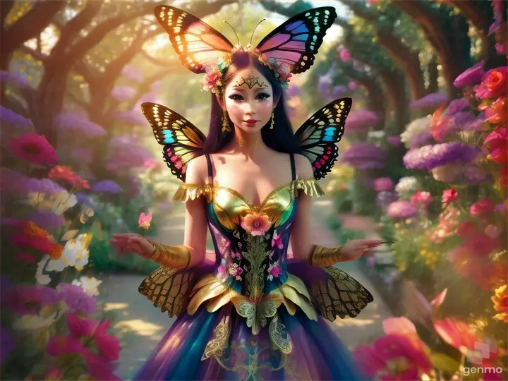 A masked dancer with butterfly wings and a gilded costume amidst a fantastical garden