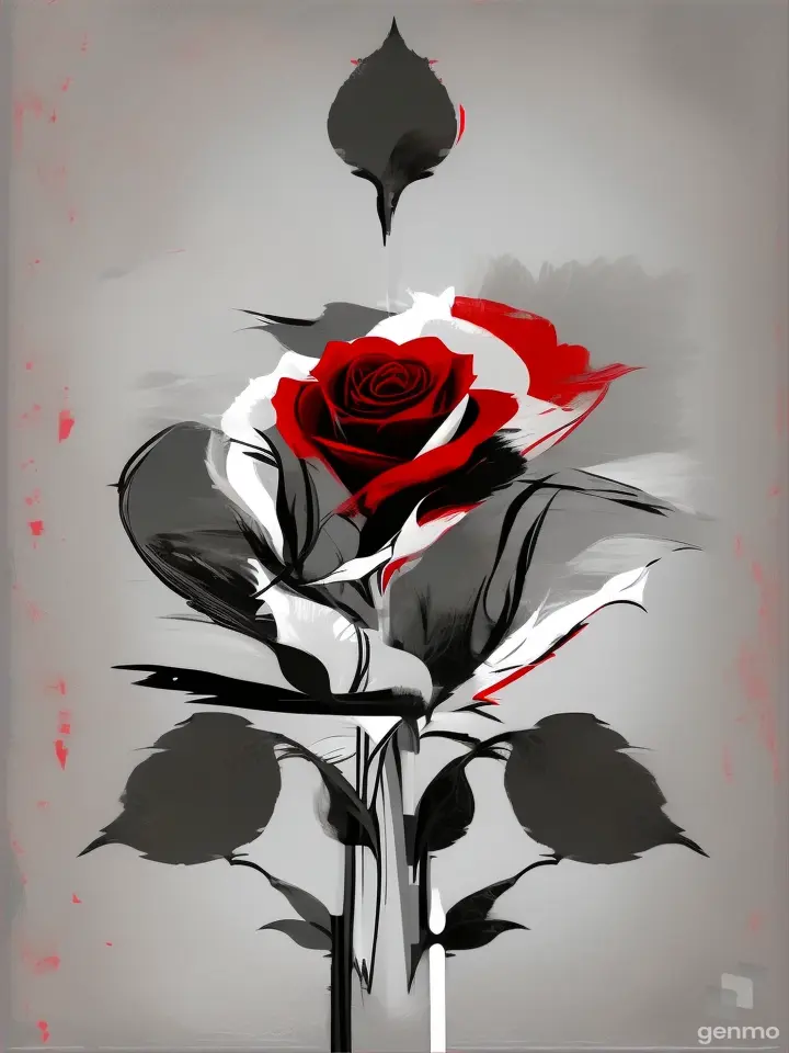 Minimalistic solitary red rose in graphic style with black bold outline.  gray background with strokes of white and gray grunge paint.