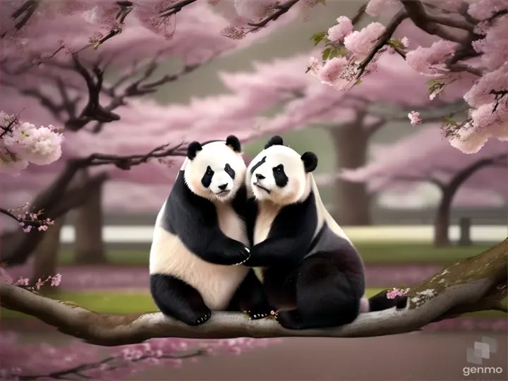 A pair of pandas nuzzling each other under a canopy of cherry blossom treesPandas, dolphins, kittens too, Puppies and tigers