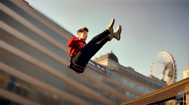 a person floating in the air on a London street, photo realistic, clear sunny day