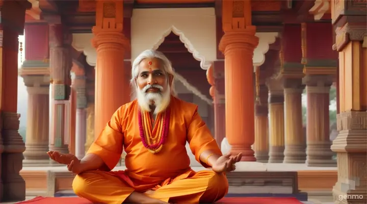 A hindu guru wearing orange dress  16:9 giving advice