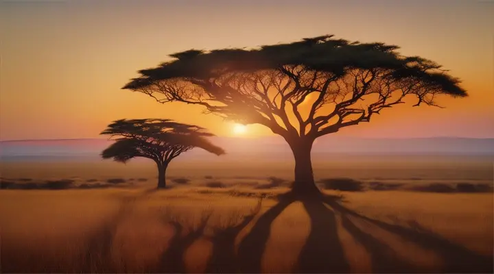 Savannah silhouetted against a bright African sunset