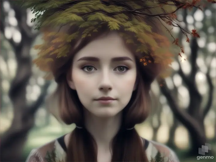 Your hair is a beautiful tree with lots of small leaves, surreal