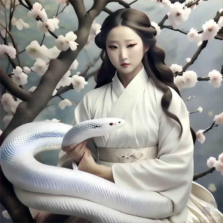 a woman in a white kimono holding a white snake