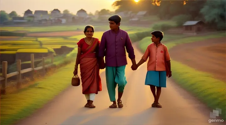 A Indian boy and his mom and day walk a village road