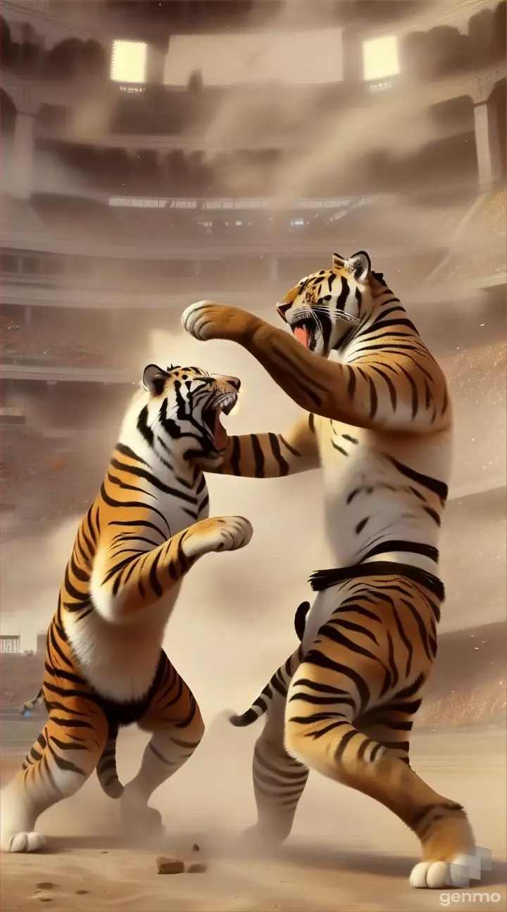 a picture of two tigers fighting in a stadium