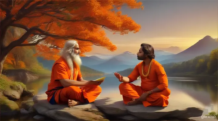 A hindu guru wearing orange dress  16:9 with his son giving advice, sitting,movement, nature, full view