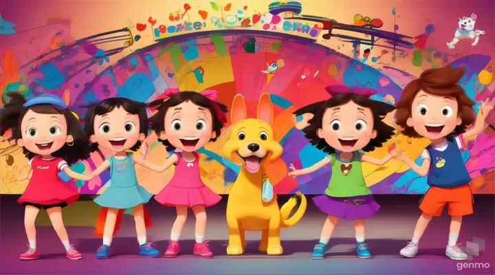 cartoon kids and cartoon dog dancing