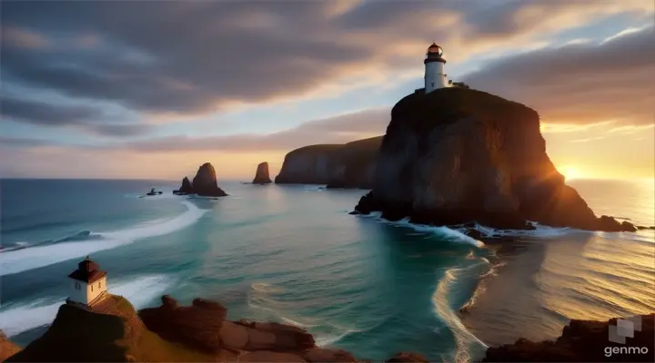 A rugged coastline with dramatic rock formations framing the ocean, with a small lighthouse in the distance