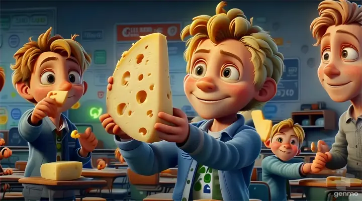 a group of children holding up a piece of cheese