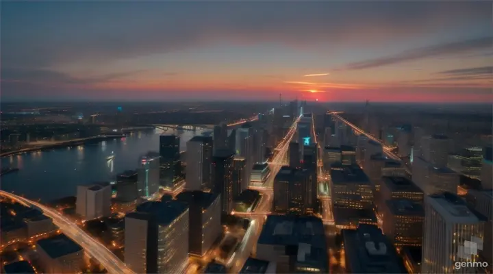 Slow-motion aerial footage captured by a high-resolution drone, showcasing a cityscape at sunset. The camera gracefully pans across the horizon, highlighting the modern architectural marvels that define the skyline.
    Shot type: Aerial.
    Camera model: DJI Inspire 2.
    Lens model: DJI Zenmuse X7 with 16mm lens.