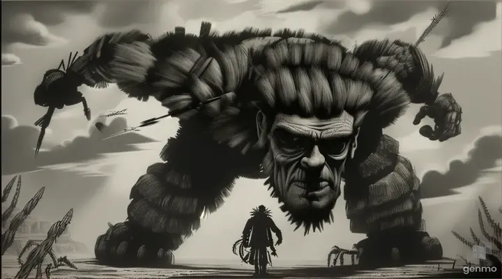 Frankenstein's monster vs a giant tarantella. Frankenstein's monster looks like the classic movie of Boris Karloff fighting. Frankenstein's monster's appearance is tough, tall, strong, with screws embedded in his temple and neck and his face scarred by stitches from a giant tarantula. The tarantella has a common spider-like appearance. Frankenstein's monster attacks and hits the giant tarantella, the spider looks at him with its eight eyes and its mouth with its jaw in the shape of threatening pincers. In a charcoal sketch style effect on an open plane in a medium distance.