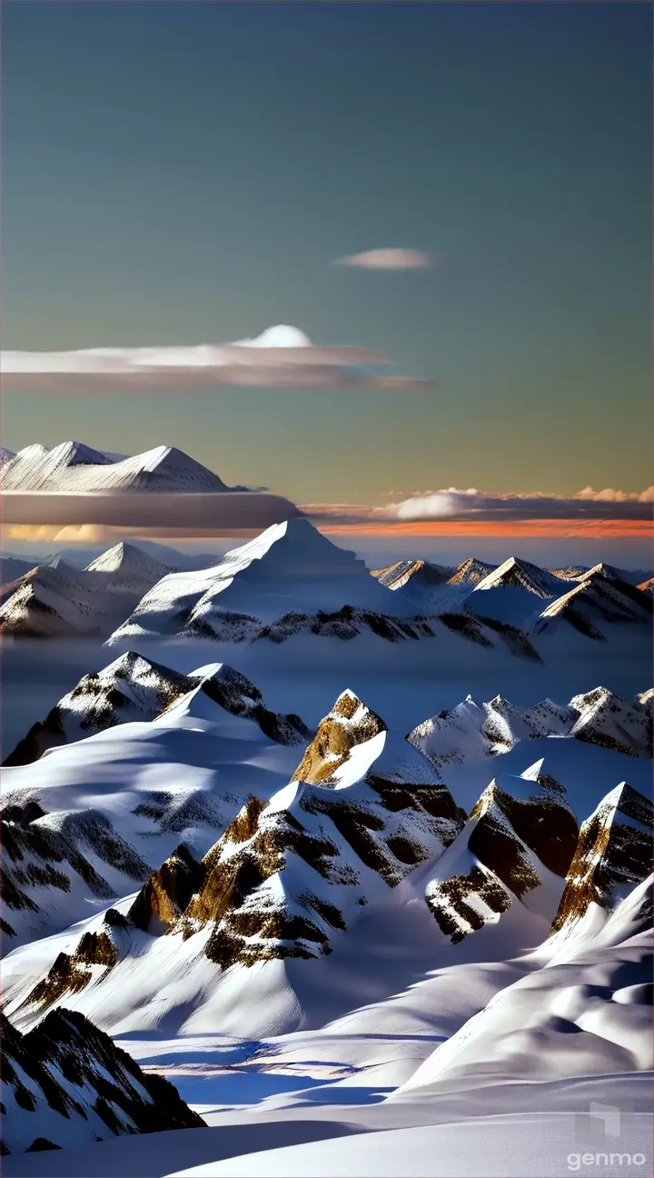 The jagged peaks of a snow-capped mountain range piercing the clouds, standing as silent sentinels against the horizon.
