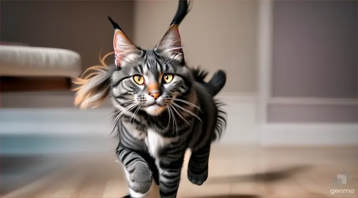 A long-legged gray Maine Coon cat runs quickly around the room after a ball. High detail.