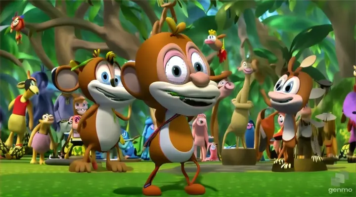 a cartoon character standing in front of a group of cartoon characters