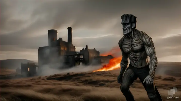 The mummy vs. Frankenstein's monster in the universal film version of the Boris Karloff studio. The mummy with its body-tight bandages that reveal his dark-looking face and skinny but athletic body. His characteristic screws on his forehead and neck and his scars on his face, both formidable opponents facing each other face to face in a moorland surrounded by smoke and flames and a mill in the background of the landscape in panoramic view in sketch effect, charcoal style drawing.