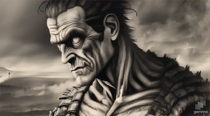 The mummy vs. Frankenstein's monster in the universal film version of the Boris Karloff studio. The mummy with its body-tight bandages that reveal his dark-looking face and skinny but athletic body. His characteristic screws on his forehead and neck and his scars on his face, both formidable opponents facing each other face to face in a moorland surrounded by smoke and flames and a mill in the background of the landscape in panoramic view in sketch effect, charcoal style drawing.